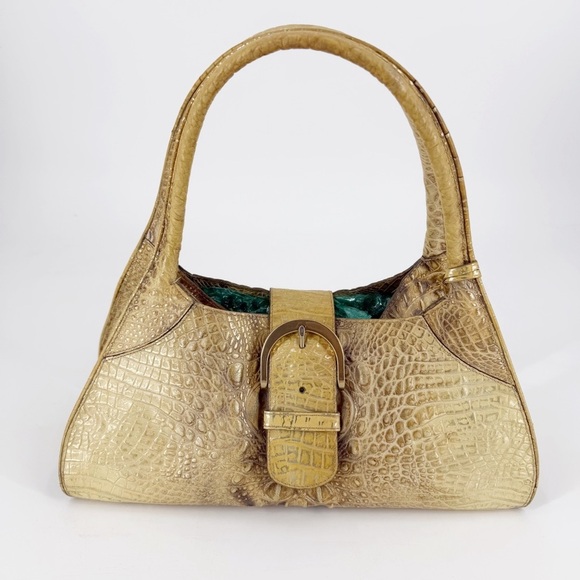 Brahmin Croc Embossed Leather Shoulder Bag Purse Tan y2k 2010s